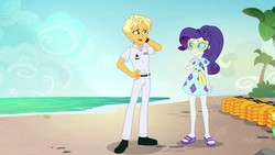 Size: 1920x1080 | Tagged: safe, screencap, ragamuffin (g4), rarity, equestria girls, equestria girls specials, g4, my little pony equestria girls: better together, my little pony equestria girls: spring breakdown, ankles, arm behind head, beach, clothes, feet, female, glasses, legs, lifejacket, male, open-toed shoes, pants, ponytail, shoes