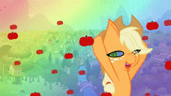 Size: 640x360 | Tagged: safe, artist:funny light, applejack, fluttershy, pony, g4, animated, apple, female, food, licking, music video, silly, silly pony, sound, tongue out, webm