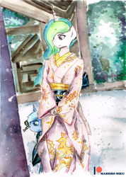 Size: 2287x3219 | Tagged: safe, artist:mashiromiku, princess celestia, princess luna, anthro, g4, clothes, high res, kimono (clothing), patreon, patreon logo, traditional art, watercolor painting