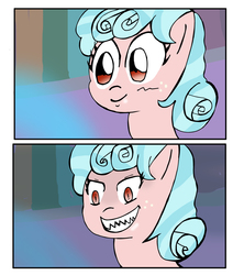 Size: 2638x3106 | Tagged: safe, artist:helsaabi, cozy glow, pegasus, pony, g4, what lies beneath, 2 panel comic, comic, female, filly, freckles, high res, pure concentrated unfiltered evil of the utmost potency, pure unfiltered evil, scene interpretation, slasher smile, solo