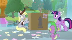 Size: 1920x1080 | Tagged: safe, screencap, derpy hooves, spike, twilight sparkle, alicorn, pony, g4, the point of no return, box, discovery family logo, letter, this side up, twilight sparkle (alicorn)