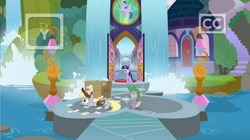 Size: 1674x940 | Tagged: safe, screencap, derpy hooves, spike, twilight sparkle, alicorn, pony, g4, the point of no return, box, letter, school of friendship, twilight sparkle (alicorn), water, waterfall