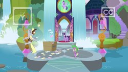 Size: 1920x1080 | Tagged: safe, screencap, derpy hooves, spike, twilight sparkle, alicorn, pony, g4, the point of no return, box, discovery family logo, letter, school of friendship, twilight sparkle (alicorn), water, waterfall
