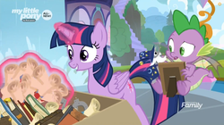 Size: 881x495 | Tagged: safe, screencap, spike, star swirl the bearded, twilight sparkle, alicorn, dragon, pony, g4, the point of no return, all new, book, box, discovery family logo, figure, school of friendship, scroll, text, twilight sparkle (alicorn), waterfall, winged spike, wings