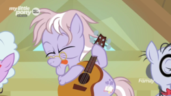 Size: 1920x1080 | Tagged: safe, screencap, dusty pages, pony, g4, the point of no return, discovery family logo, guitar, tongue out
