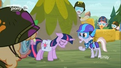 Size: 3840x2149 | Tagged: safe, screencap, spike, twilight sparkle, alicorn, dragon, pony, g4, the point of no return, armor, floppy ears, hay bale, helmet, high res, saddle bag, twilight sparkle (alicorn), winged spike, wings