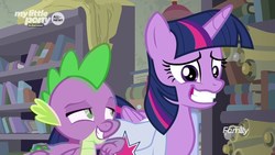 Size: 1920x1080 | Tagged: safe, screencap, spike, twilight sparkle, alicorn, dragon, pony, g4, the point of no return, book, bookshelf, discovery family logo, saddle bag, scroll, twilight sparkle (alicorn), wavy mouth, winged spike, wings