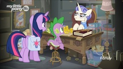 Size: 3824x2154 | Tagged: safe, screencap, first folio, spike, twilight sparkle, alicorn, dragon, pony, g4, the point of no return, bits, book, box, butt, coin, female, high res, mare, plot, saddle bag, scroll, sitting, table, twibutt, twilight sparkle (alicorn), winged spike, wings