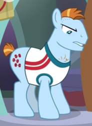 Size: 488x663 | Tagged: safe, screencap, power jerk, earth pony, pony, g4, the point of no return, background pony, chest hair, cropped, male, mohawk, short mane, short tail, solo, stallion