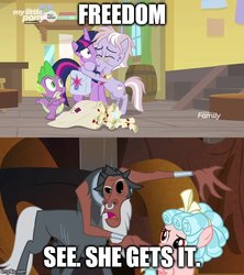Size: 500x562 | Tagged: safe, edit, edited screencap, screencap, cozy glow, dusty pages, lord tirek, spike, twilight sparkle, alicorn, centaur, dragon, pegasus, pony, g4, the beginning of the end, the point of no return, caption, female, filly, freedom, hug, image macro, letter, mailbag, nose piercing, nose ring, piercing, saddle bag, scroll, septum piercing, text, twilight sparkle (alicorn), winged spike, wings