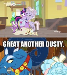 Size: 500x562 | Tagged: safe, edit, edited screencap, screencap, cozy glow, dusty pages, grogar, spike, twilight sparkle, alicorn, dragon, pegasus, pony, g4, the beginning of the end, the point of no return, caption, female, filly, hug, image macro, implied gusty the great, letter, mailbag, male, saddle bag, scroll, text, twilight sparkle (alicorn), winged spike, wings