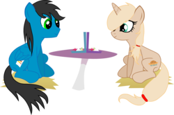 Size: 1664x1105 | Tagged: safe, artist:chipmagnum, oc, oc only, oc:apple krumpet, oc:chip, pegasus, pony, unicorn, g4, female, male, mare, simple background, stallion, table, transparent background