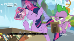 Size: 1920x1080 | Tagged: safe, screencap, spike, star swirl the bearded, twilight sparkle, alicorn, dragon, pony, g4, the point of no return, action figure, closed captioning, figure, magic, product placement, school of friendship, subtitles, toy, twilight sparkle (alicorn), winged spike, wings