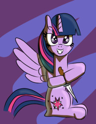 Size: 1500x1936 | Tagged: safe, artist:platinumdrop, twilight sparkle, alicorn, pony, g4, abstract background, dagger, female, hoof hold, simple background, solo, twilight sparkle (alicorn), weapon