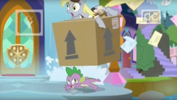 Size: 1635x919 | Tagged: safe, screencap, derpy hooves, spike, dragon, pegasus, pony, g4, the point of no return, box, carrying, female, imminent pain, letter, mail, male, mare, school of friendship, waterfall