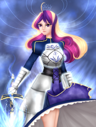 Size: 2745x3612 | Tagged: safe, artist:mdeltar, princess cadance, human, g4, armor, artoria pendragon, caliburn, fate/grand order, fate/stay night, female, high res, humanized, saber, solo, sword, weapon