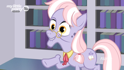 Size: 1920x1080 | Tagged: safe, screencap, dusty pages, earth pony, pony, g4, the point of no return, bookshelf, collar, discovery family logo, elderly, female, glasses, mare, necktie, pointing, smiling, solo
