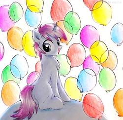 Size: 1031x1002 | Tagged: safe, artist:liaaqila, oc, oc only, oc:mobian, pony, unicorn, balloon, commission, cute, male, smiling, solo, squee, stallion, traditional art