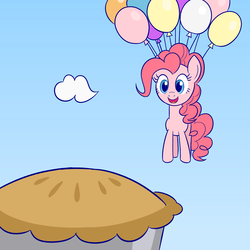 Size: 2000x2000 | Tagged: safe, artist:sazanamibd, pinkie pie, earth pony, pony, g4, balloon, female, floating, food, high res, mare, pie, solo, then watch her balloons lift her up to the sky