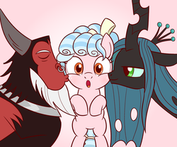 Size: 1920x1600 | Tagged: safe, artist:sazanamibd, cozy glow, lord tirek, queen chrysalis, centaur, changeling, changeling queen, pegasus, pony, g4, the beginning of the end, :o, a better ending for chrysalis, a better ending for cozy, a better ending for tirek, bow, bracer, cheek kiss, cozybetes, cozylove, crown, cute, daddy tirek, eyes closed, family, female, filly, foal, freckles, gradient background, hair bow, harsher in hindsight, heartwarming, jewelry, kiss sandwich, kissing, legion of doom, male, mare, mommy chrissy, nose piercing, nose ring, open mouth, piercing, regalia, septum piercing, smiling, surprised, sweet, sweet dreams fuel, tail bow, trio, wall of tags, wholesome