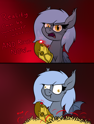 Size: 1480x1942 | Tagged: safe, artist:moonatik, oc, oc only, oc:panne, bat pony, pony, 2 panel comic, avengers, avengers: infinity war, bat pony oc, chips, comic, derp, faic, female, food, french fries, infinity gauntlet, mare, marvel, marvel cinematic universe, movie reference, reality stone, slit pupils, solo, space stone, spoilers for another series, talking to viewer, thanos, that pony sure does love fries, wings