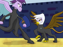 Size: 3357x2517 | Tagged: safe, artist:chedx, gilda, prominence, dragon, griffon, comic:the storm kingdom, g4, clothes, fort ponyville, high res, shield, sparring, storm army, uniform