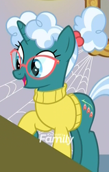 Size: 569x892 | Tagged: safe, screencap, bellflower blurb, pony, unicorn, g4, the point of no return, clothes, cropped, discovery family logo, female, glasses, mare, nerd, solo, spider web, sweater