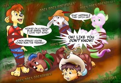 Size: 1280x881 | Tagged: safe, artist:esteban, spike, g4, cody calf, commission, conversation, crawling, crossover, dirt road, escape, forest, hopping, kit cloudkicker, lionheart, moo mesa, musical reference, robin hood, sidekick, skippy, speech, speech bubble, spencer, talespin, tied up, tiptoe, training