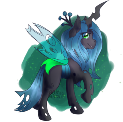 Size: 3508x3500 | Tagged: safe, artist:8bitgalaxy, queen chrysalis, changeling, changeling queen, g4, abstract background, art trade, colored pupils, crown, cute, cutealis, eye clipping through hair, female, high res, jewelry, raised hoof, regalia, simple background, solo, transparent background