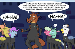Size: 3511x2319 | Tagged: safe, artist:chedx, barry, changedling, changeling, dragon, griffon, hippogriff, comic:the storm kingdom, g4, alternate reality, alternate timeline, clothes, fort ponyville, high res, joke, oblivious, storm army, the bad guy wins, uniform