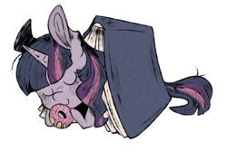 Size: 1132x757 | Tagged: safe, artist:urbanqhoul, twilight sparkle, pony, book, bookhorse, cute, donut, eyes closed, female, food, mare, simple background, sleeping, smol, solo, transparent background, twiabetes