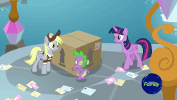 Size: 800x450 | Tagged: safe, screencap, derpy hooves, spike, twilight sparkle, alicorn, dragon, pegasus, pony, g4, the point of no return, animated, box, cute, depressed, derpabetes, flying, i must go, letter, mail, mailpony, mailpony uniform, school of friendship, smiling, twilight sparkle (alicorn), water, waterfall, winged spike, wings