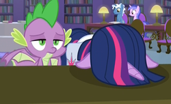 Size: 1092x665 | Tagged: safe, screencap, pokey pierce, sea swirl, seafoam, spike, twilight sparkle, alicorn, dragon, pony, the point of no return, annoyed, bookshelf, chair, duo focus, facedesk, female, floppy ears, frustrated, headdesk, lamp, library, male, mare, saddle bag, stallion, tired, twilight sparkle (alicorn), winged spike, wings