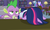 Size: 1092x665 | Tagged: safe, screencap, pokey pierce, sea swirl, seafoam, spike, twilight sparkle, alicorn, dragon, pony, g4, the point of no return, annoyed, bookshelf, chair, duo focus, facedesk, female, floppy ears, frustrated, lamp, library, male, mare, saddle bag, stallion, tired, twilight sparkle (alicorn), winged spike, wings