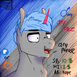 Size: 700x700 | Tagged: safe, artist:uteuk, pony, abstract background, advertisement, commission, male, solo, ych example, your character here