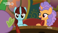 Size: 1920x1080 | Tagged: safe, screencap, pretzel twist, say cheese, spike, dragon, pony, unicorn, g4, the point of no return, discovery family logo, eye contact, female, food, looking at each other, mare, open mouth, pretzel, quill, the tasty treat