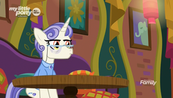 Size: 1920x1080 | Tagged: safe, screencap, first folio, pony, unicorn, g4, the point of no return, brooch, clothes, discovery family logo, female, glasses, mare, shirt, sitting, table, the tasty treat