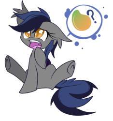 Size: 2500x2673 | Tagged: safe, artist:starlightlore, oc, oc only, oc:echo, bat pony, pony, colored pupils, cute, ear tufts, fangs, female, food, high res, mango, mare, ocbetes, open mouth, pictogram, simple background, sitting, solo, speech bubble, that batpony sure does love mangoes, transparent background, underhoof