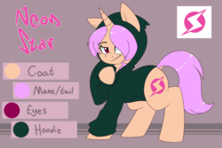 Size: 1280x853 | Tagged: safe, artist:notenoughapples, oc, oc only, oc:neon star, pony, unicorn, clothes, hoodie, reference sheet, smiling, smirk, solo