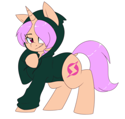 Size: 1280x1224 | Tagged: safe, artist:notenoughapples, oc, oc only, oc:neon star, pony, unicorn, clothes, hoodie, smiling, smirk, solo