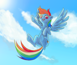Size: 2700x2300 | Tagged: safe, artist:arurein, rainbow dash, pegasus, pony, g4, backwards cutie mark, cloud, colored pupils, cute, dashabetes, female, flying, high res, mare, open mouth, sky, solo, underhoof