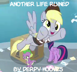 Size: 420x389 | Tagged: safe, edit, edited screencap, screencap, derpy hooves, spike, twilight sparkle, alicorn, dragon, pegasus, pony, g4, the point of no return, bad end, box, butt, caption, female, image macro, letter, mail, mailmare, male, mare, package, plot, text, twibutt, twilight sparkle (alicorn), winged spike, wings