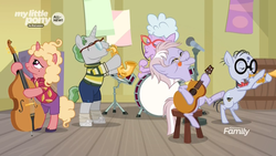Size: 1920x1080 | Tagged: safe, screencap, chelsea porcelain, dusty pages, mr. waddle, earth pony, pony, unicorn, g4, the point of no return, background pony, bipedal, bowtie, clothes, cranberry muffin, discovery family logo, double bass, drum kit, drums, elderly, female, glasses, guitar, hawaiian shirt, hoof hold, male, mare, mossy rock, music, musical instrument, saxophone, shirt, shoes, shorts, silver stable community, sitting, socks, stallion, tennis shoe, tongue out, trumpet