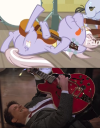 Size: 658x838 | Tagged: safe, edit, edited screencap, screencap, dusty pages, earth pony, human, pony, g4, the point of no return, back to the future, comparison, cropped, female, guitar, mare, marty mcfly, michael j. fox, on back, tongue out