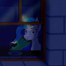 Size: 2700x2700 | Tagged: safe, artist:veyronraze, princess celestia, alicorn, pony, g4, cake, cakelestia, creepy, dark, food, high res, magic, night, plate, window