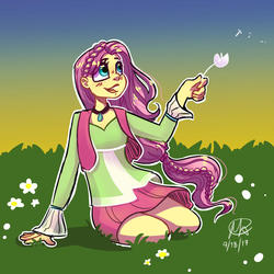 Size: 1024x1024 | Tagged: safe, artist:mkclaassic-arts, fluttershy, equestria girls, friendship through the ages, g4, braid, clothes, cute, female, flower, folk fluttershy, miniskirt, open mouth, pleated skirt, shyabetes, skirt, skirt lift, solo