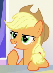 Size: 257x351 | Tagged: safe, screencap, applejack, earth pony, pony, g4, sparkle's seven, cropped, female, freckles, mare, raised hoof, sitting, solo