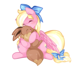 Size: 696x665 | Tagged: safe, artist:loyaldis, oc, oc only, oc:bay breeze, eevee, pegasus, pony, blushing, bow, crossover, cute, eyes closed, female, hair bow, hug, mare, ocbetes, pokémon, simple background, tail bow, ych result