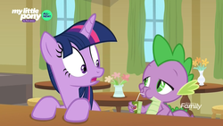 Size: 1920x1080 | Tagged: safe, screencap, spike, twilight sparkle, alicorn, dragon, pony, g4, the point of no return, discovery family logo, duo, eye contact, female, flower, juice, juice box, looking at each other, mare, puffy cheeks, silver stable community, sucking, table, twilight sparkle (alicorn), vase, winged spike, wings
