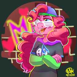 Size: 1024x1024 | Tagged: safe, artist:mkclaassic-arts, pinkie pie, earth pony, anthro, equestria girls, equestria girls specials, g4, my little pony equestria girls: dance magic, backwards ballcap, baseball cap, cap, clothes, crossed arms, female, graffiti, hat, heart, hoodie, mc pinkie, open mouth, rapper pie, shutter shades, solo, sunglasses